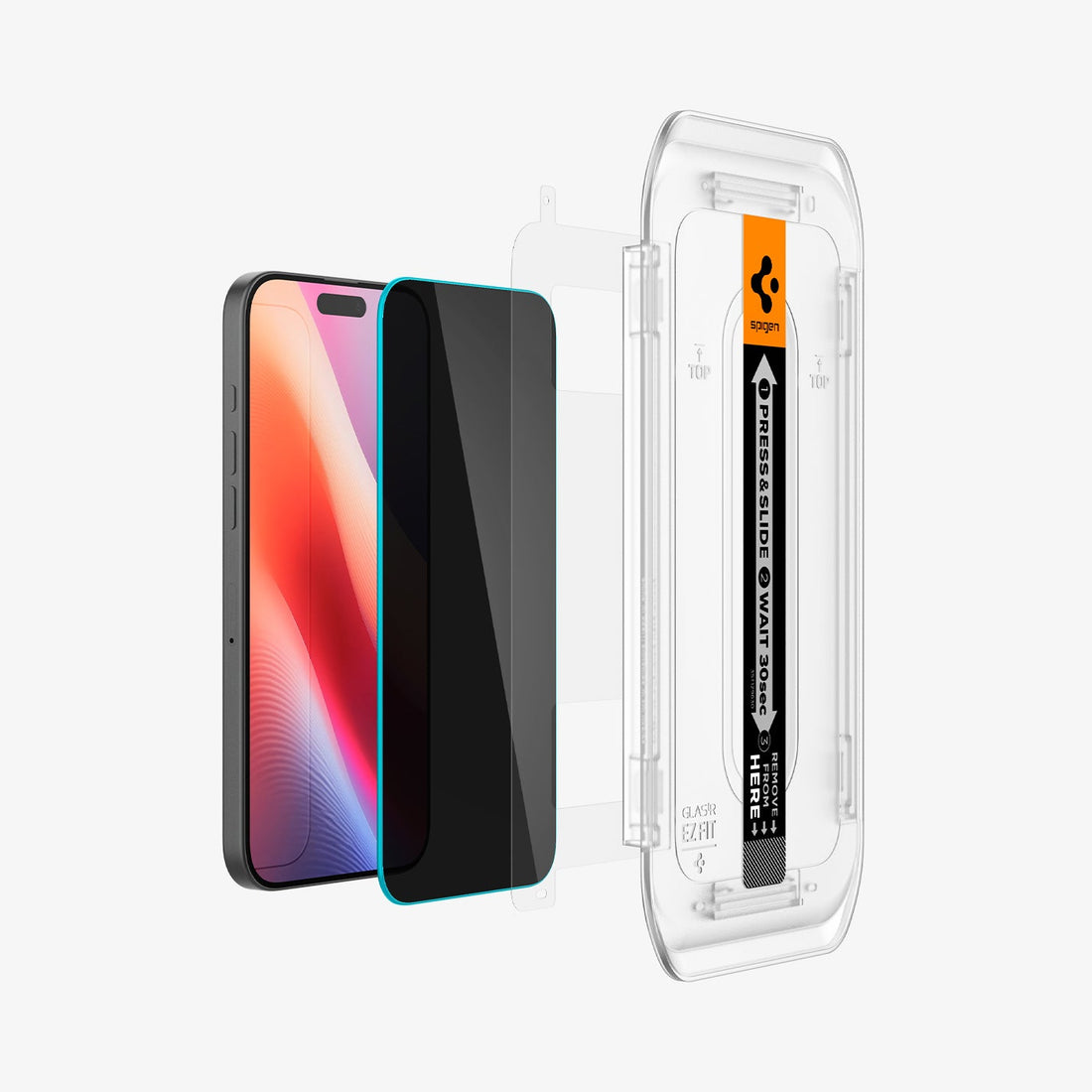 AGL07908 - iPhone 16 Pro Max GLAS.tR EZ Fit Privacy showing the installation tray hovering above the 2 screen protector and the device, beside it is another installation tray