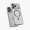 ACS10036 - iPhone 17 Pro Max Ultra Hybrid (MagFit) in Clear Graphite showing the front of layer hovering above the magfit magnet plate and the case