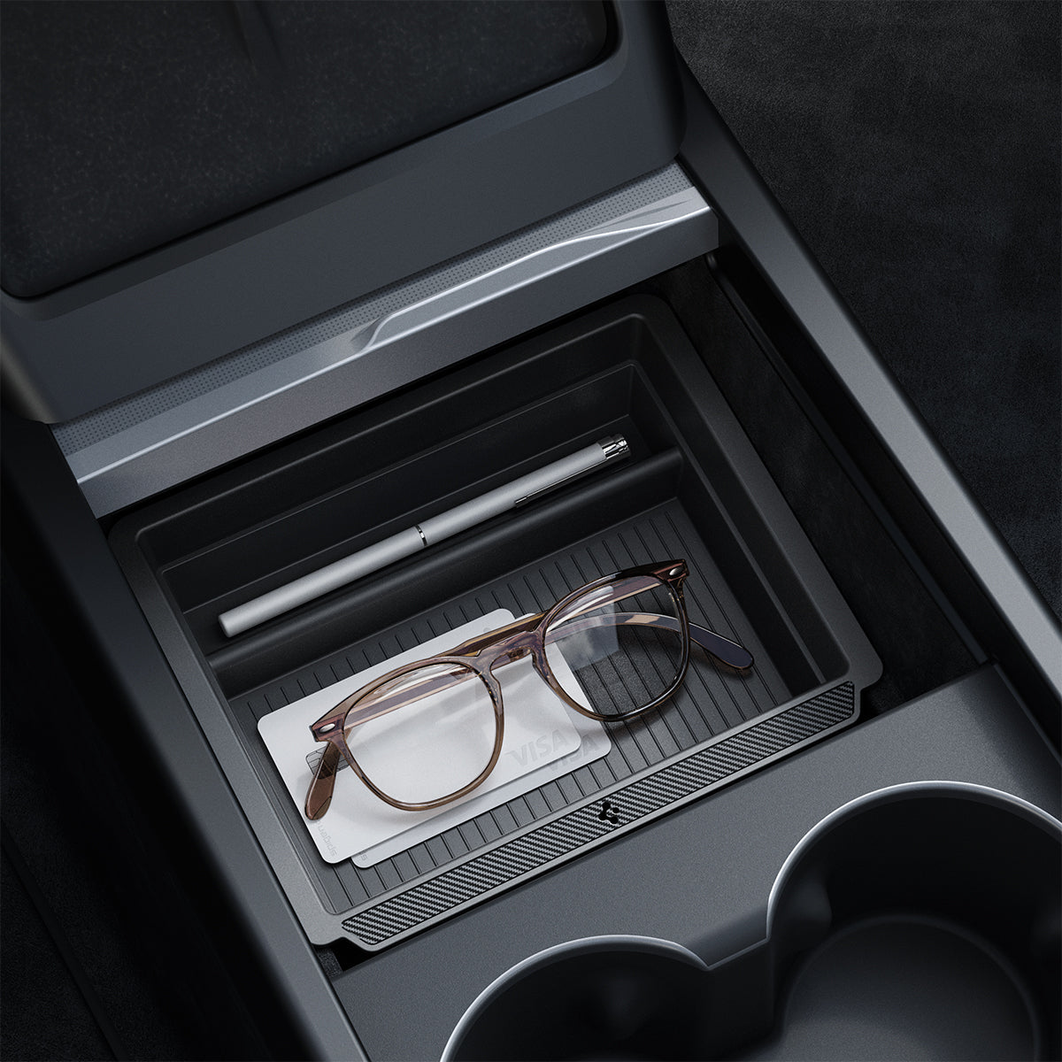 ACP07785 - Tesla Model 3 Highland Center Console Organizer Tray TO220SH in Black showing the top and inner of the tray with stuffs stored inside