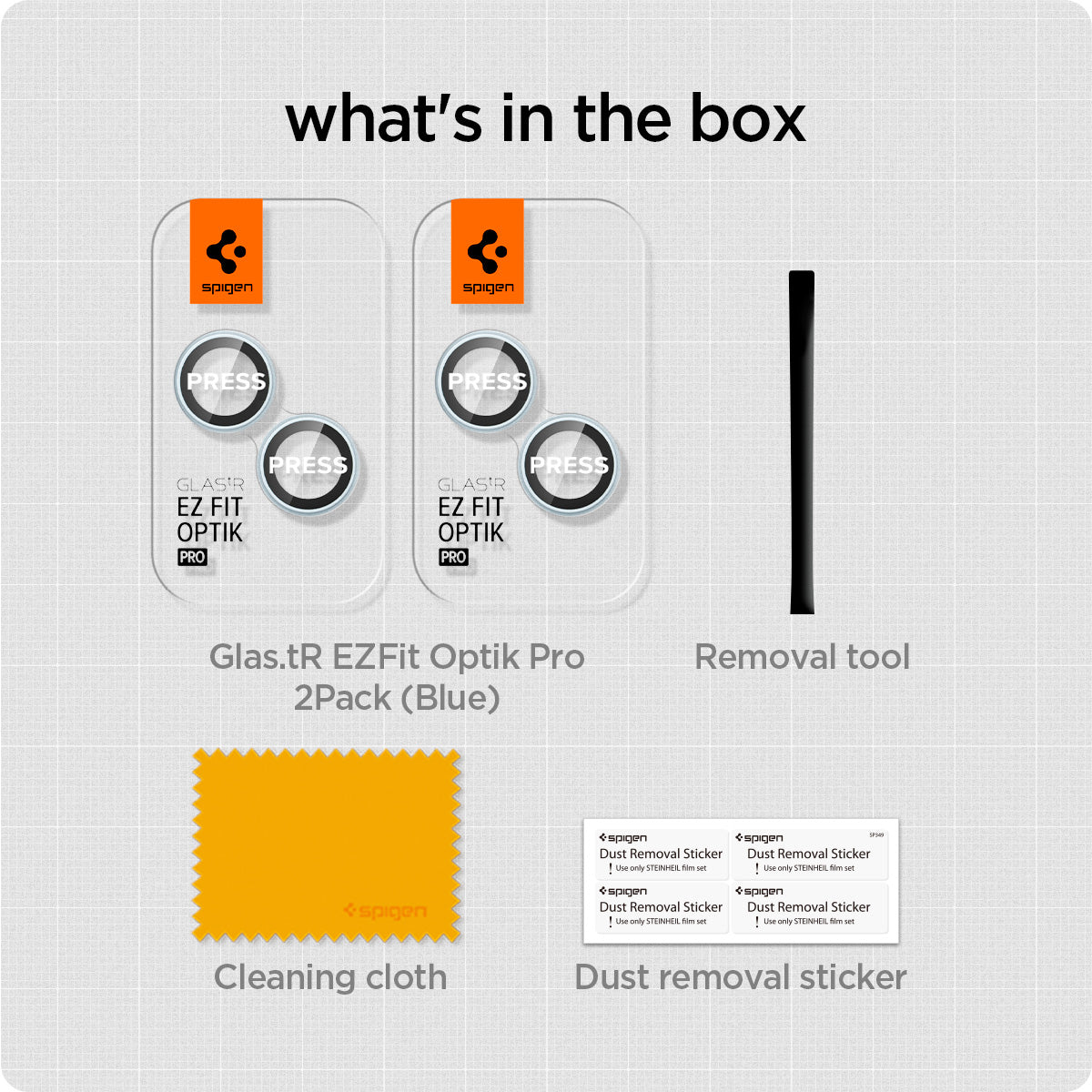 AGL07166 - iPhone 15 / 15 Plus Optik Pro Lens Protector in blue what's in the box. Glas.tR EZFit Optik Pro 2Pack (black), Removal tool, Cleaning tool, Dust removal sticker.