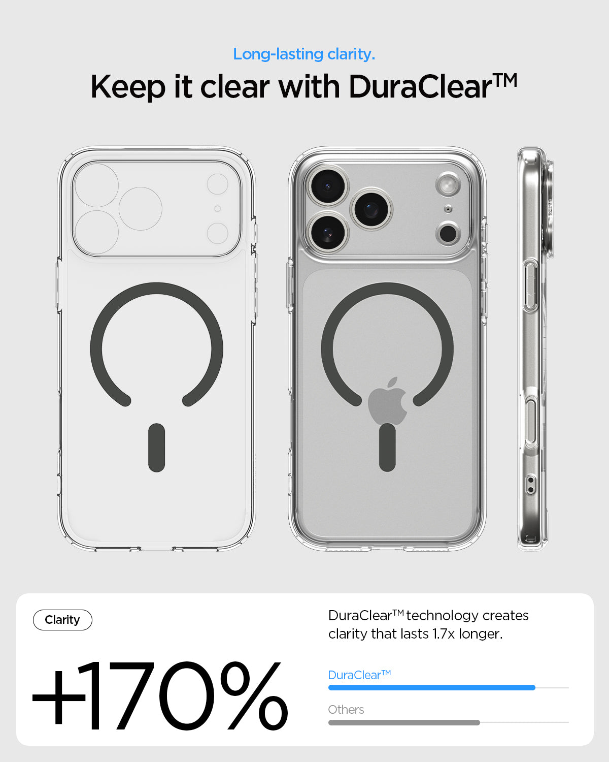 ACS10036 - iPhone 17 Pro Max Ultra Hybrid (MagFit) in Clear Graphite showing long lasting clarity. keep it clear with duraclear.